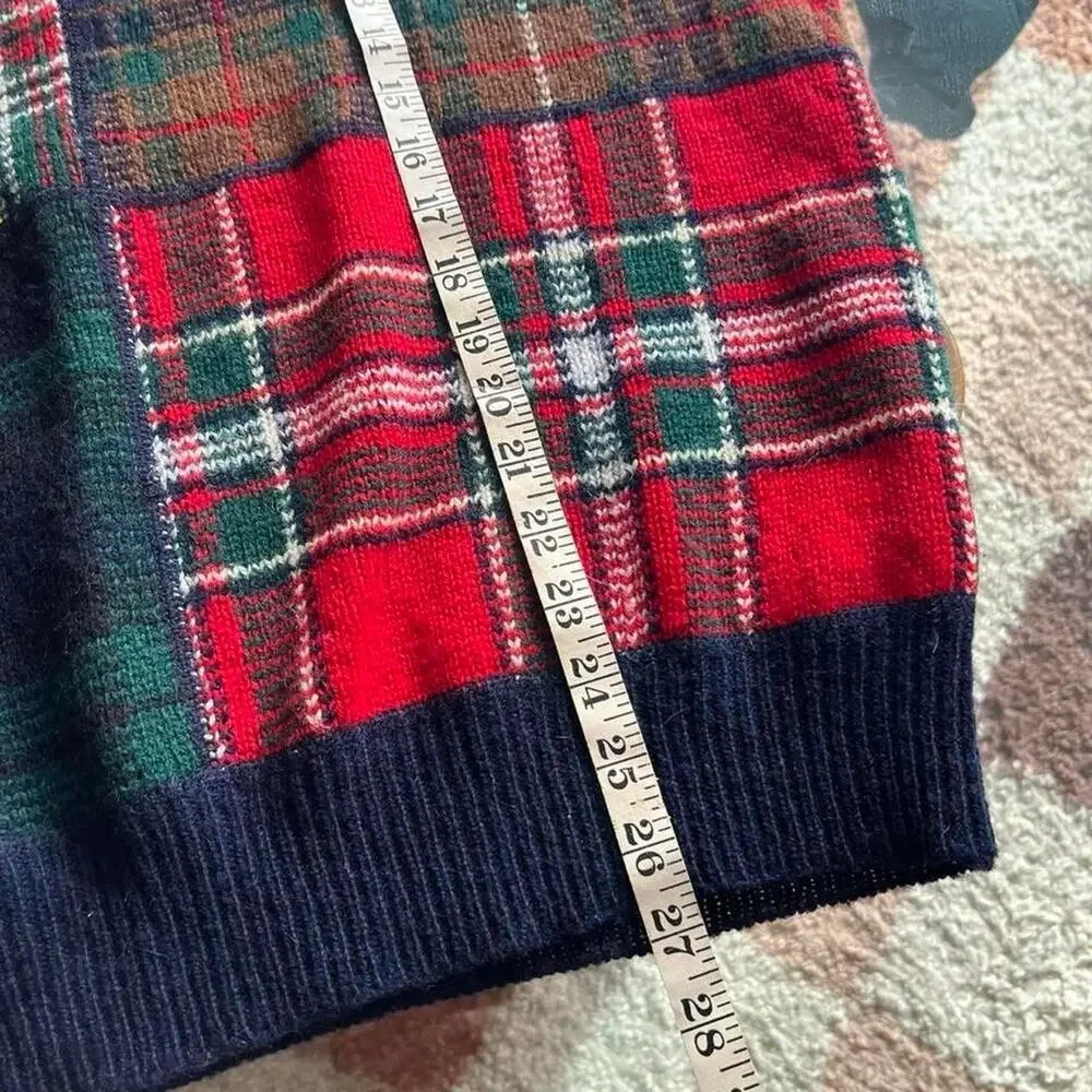 90s Thornton Bay Wool Patchwork Sweater | Intarsia Tartan Knit | Ivy | Large